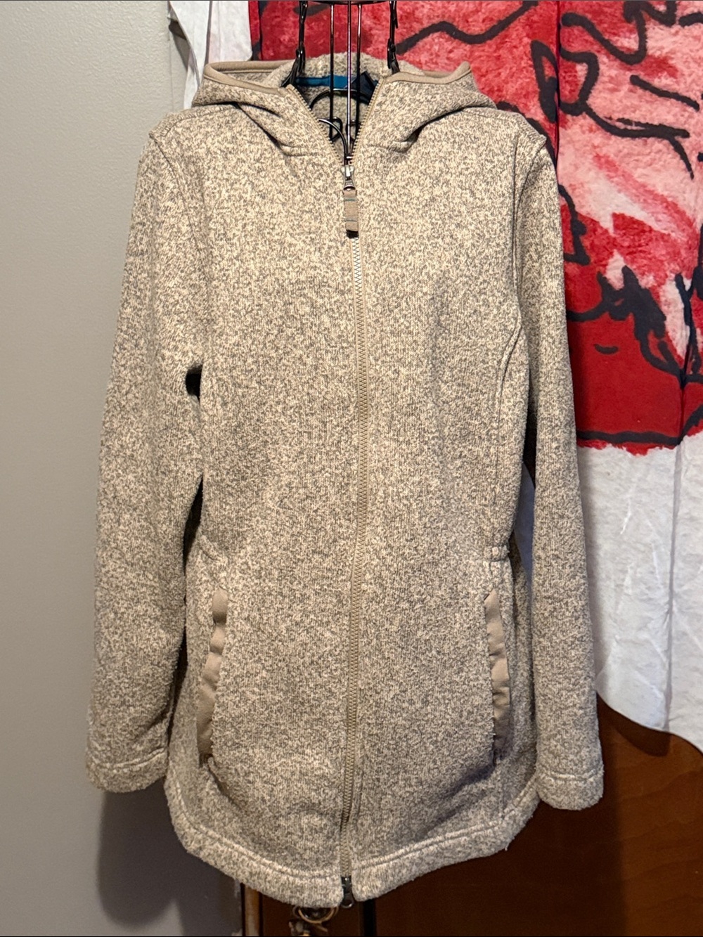 Lands' End Cream Heather Zip-Front Hooded Teddy Jacket
